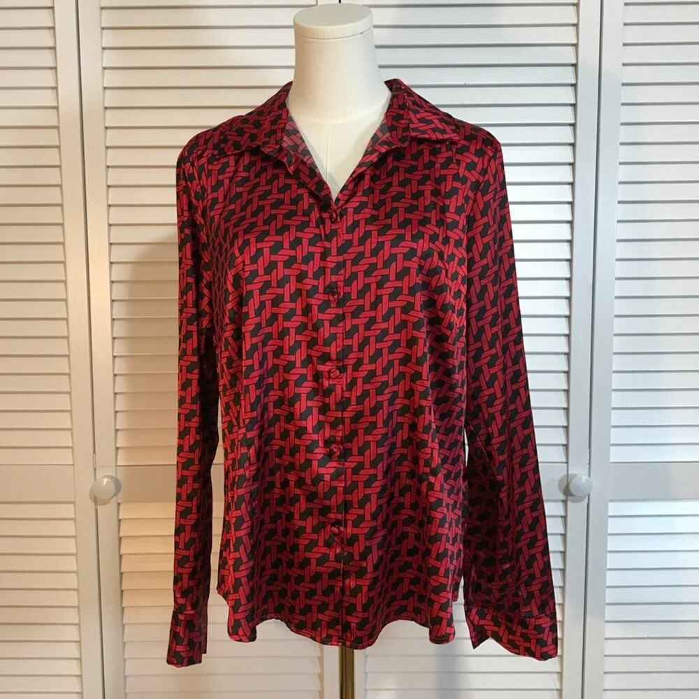 George Retro Satin Red Black Geo Print Button-Up Blouse L